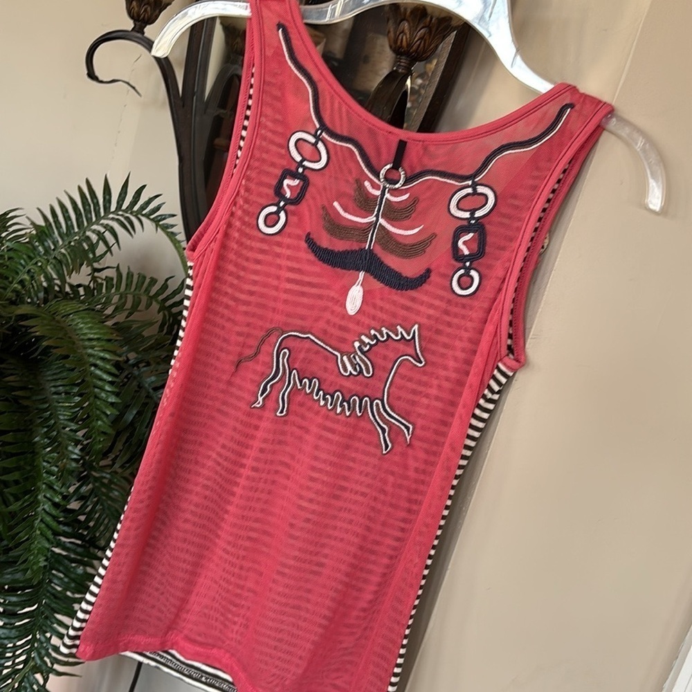 Save The Queen! V-Neck Tank Top Striped Embroidered Horse Beaded Mesh Back Italy - Picture 8 of 14